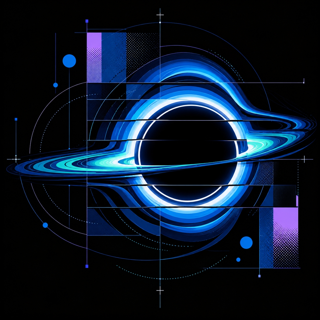 Sliced black hole illustration in cobalt, teal and lilac